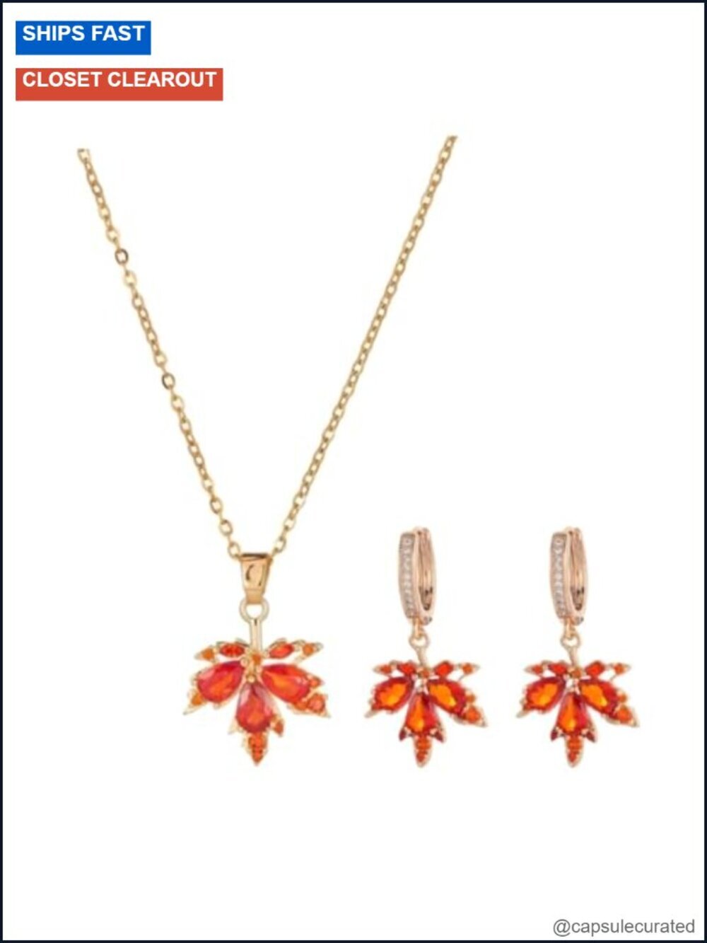 Rhinestone Maple Leaf Necklace and Earring Jewelry Set Fall Thanksgiving